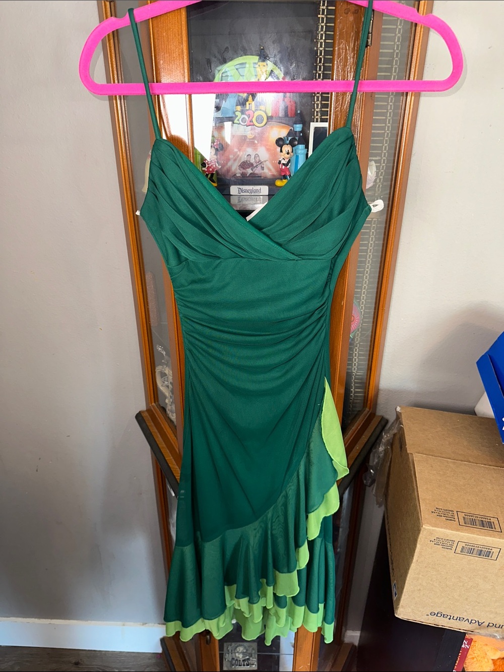 City Triangles Emerald Green Asymmetrical Ruffle Dress with Lime Accents - Picture 2 of 5